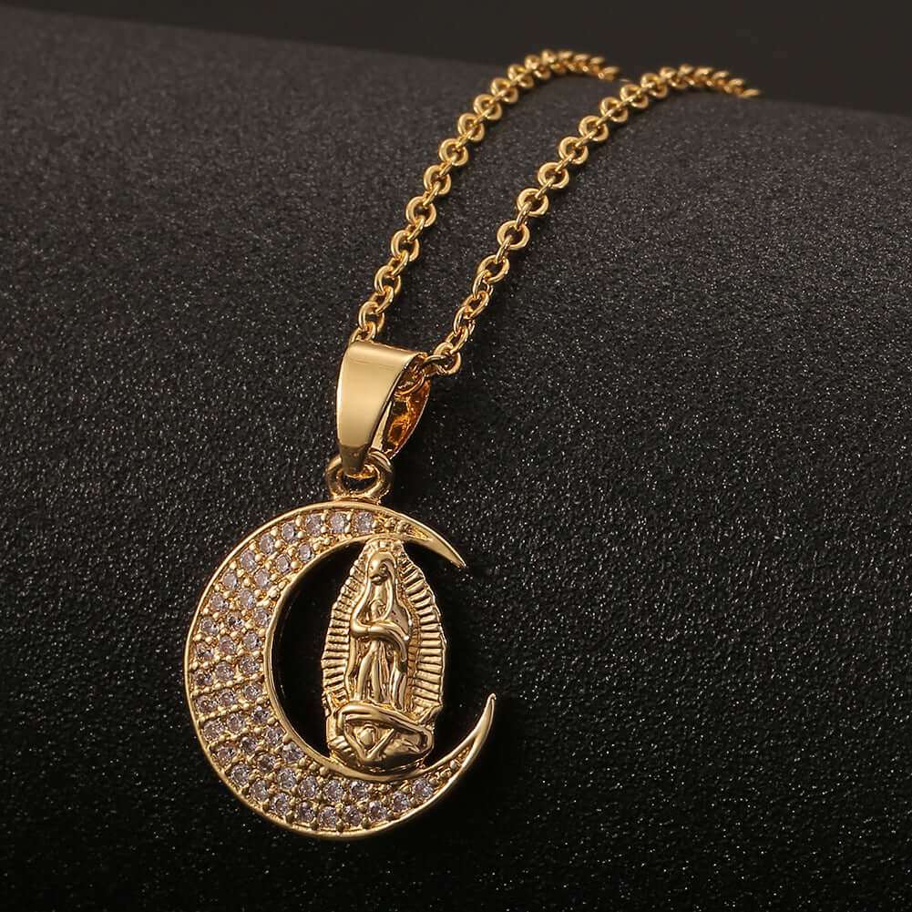 18K Gold Plated Virgin Mary Religious Sun Moon Virgencita Necklace